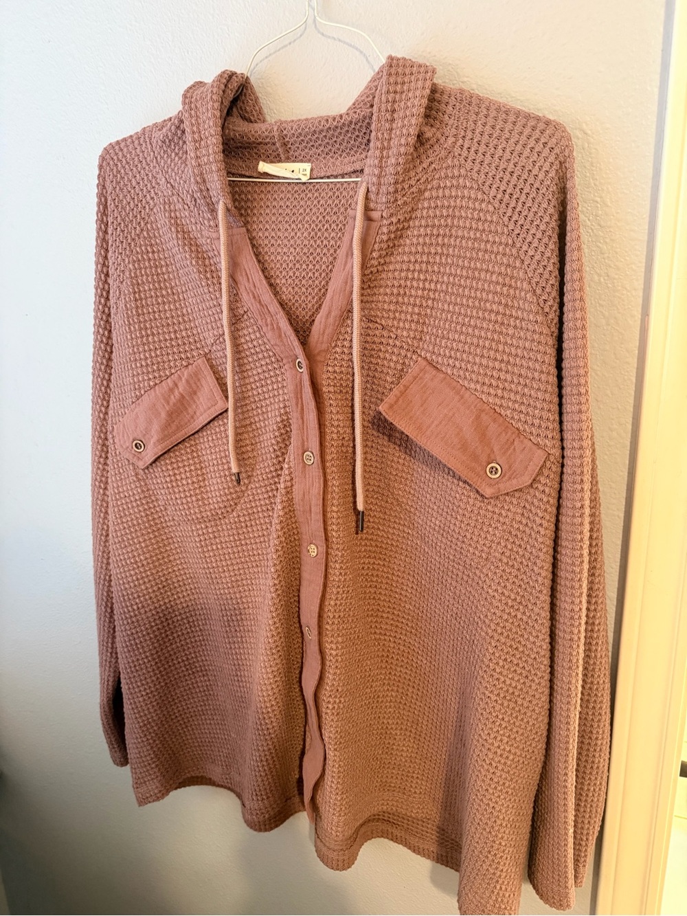 Women's Hooded Waffle-Knit Button Cardigan - Dusty Rose